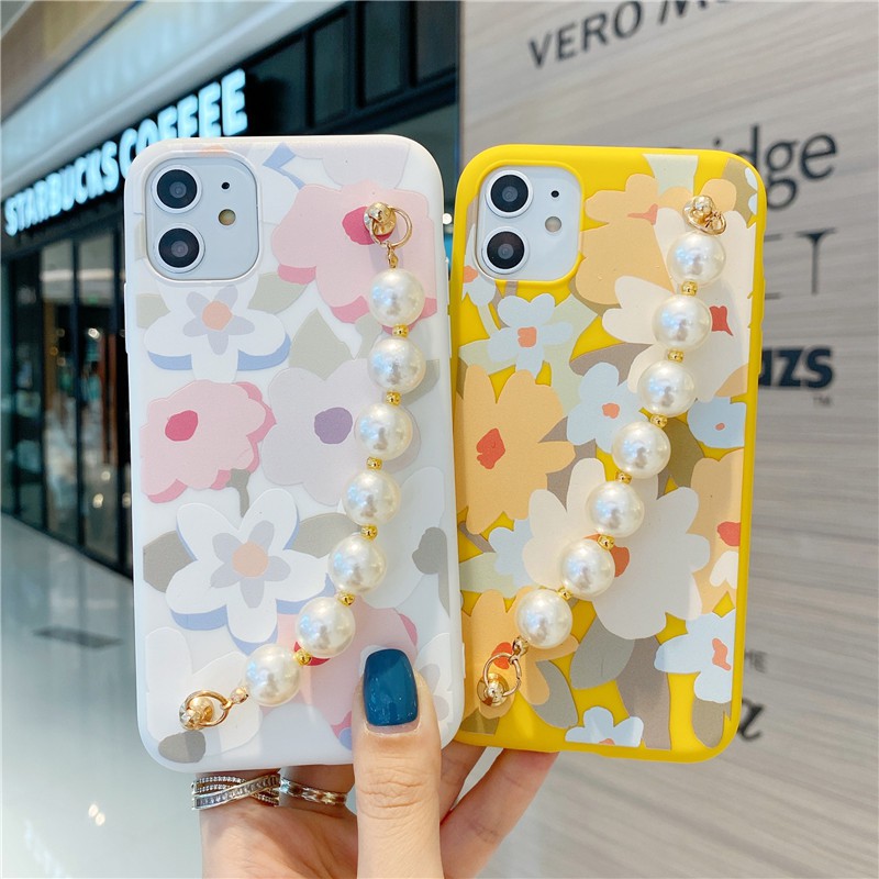 Samsung Galaxy S21 S20 FE S10 S9 S8 Plus Note 8 9 10 20 Ultra Pearl Chain Wrist Strap Flower Painted Soft TPU Phone Case