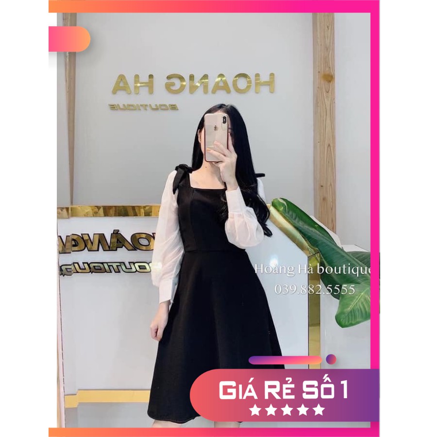Váy nữ cổ vuông chất umi dáng xòe phối tay voan bồng phom từ 40kg đến 60kg váy đen tay bồng