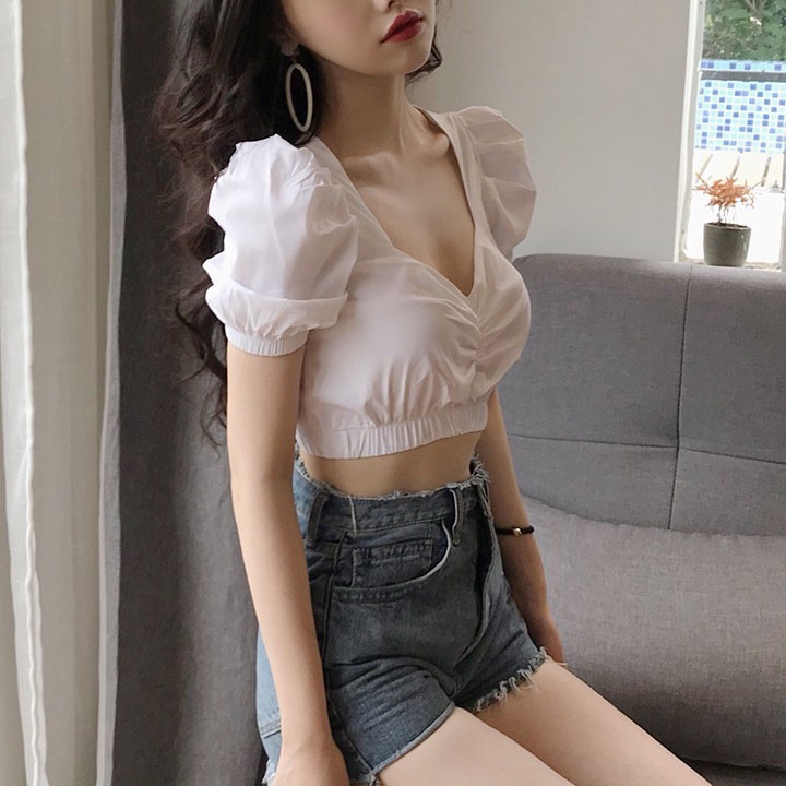 Áo Croptop chun ở ngực gấu tay phồng công chúa