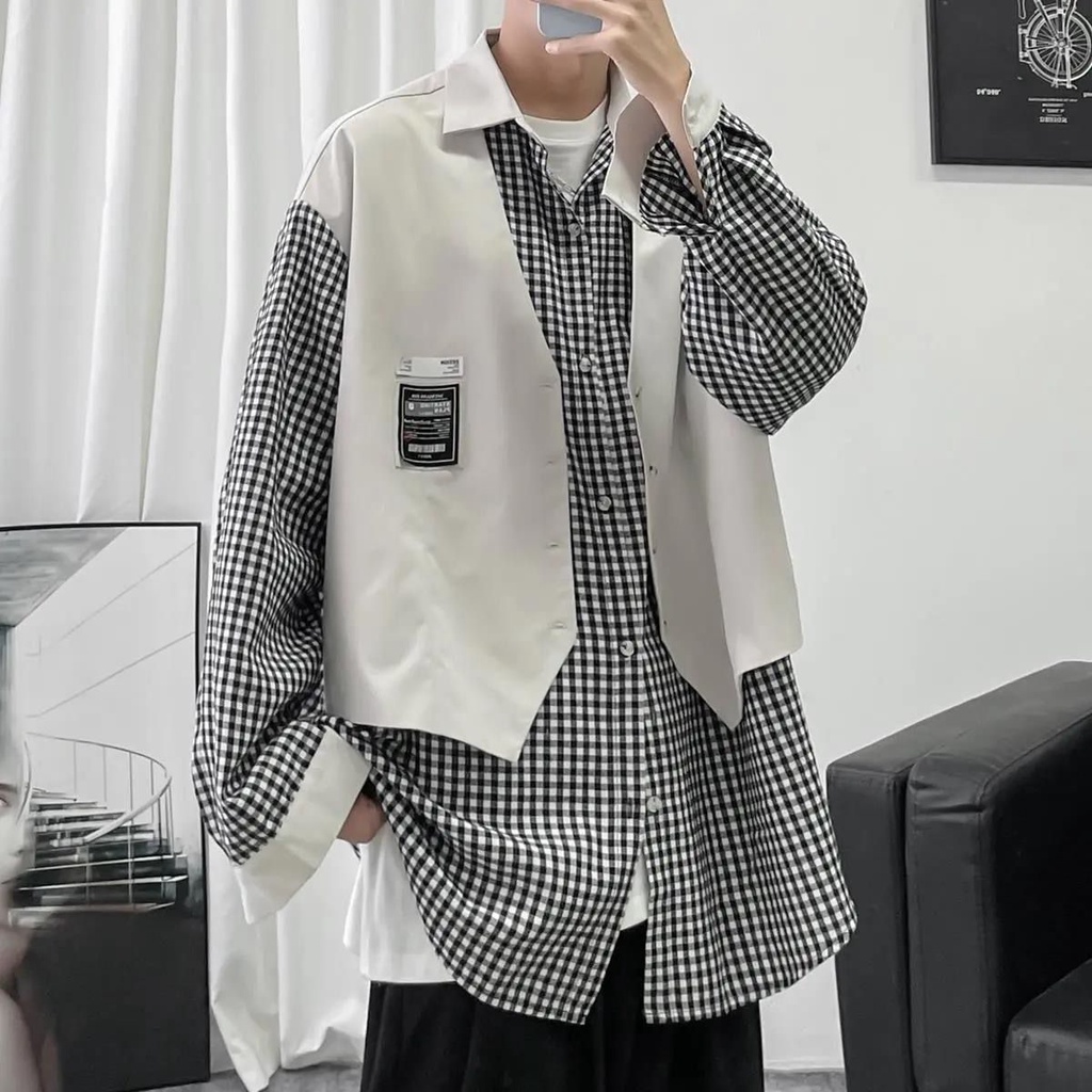 Áo sơ mi giả hai lớp phong cách hàn quốc thời trang cho nam nữ áo sơ mi nam dài tay from rộng simple dây kéo fashion  áo sơ mi trắng đen áo sơ mi kẻ sọc hàn quốc from rộng thiết kế nút