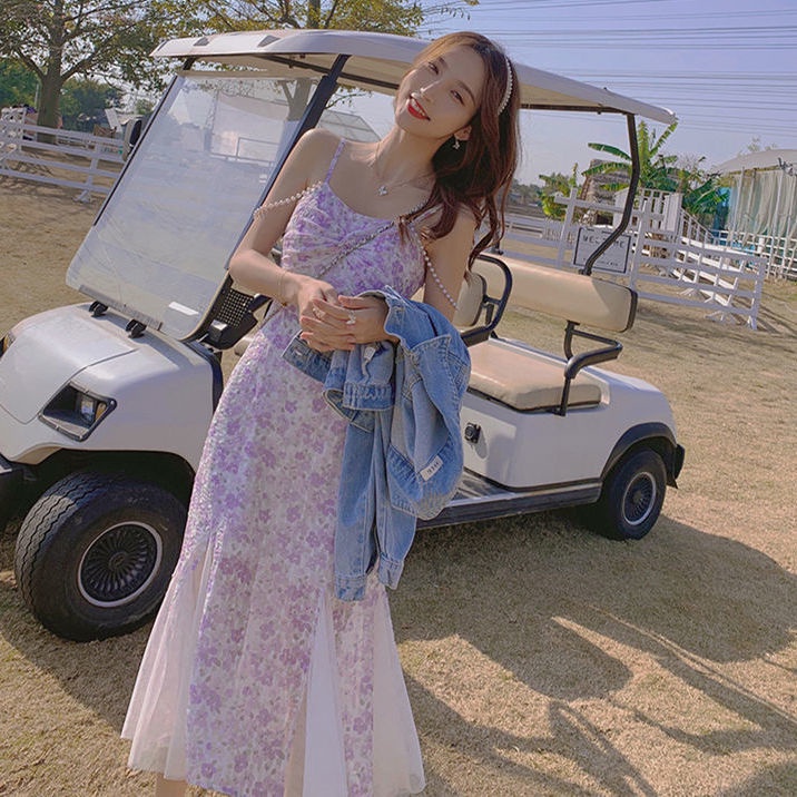 2021 new skirt French design sense of minority wear fishtail purple broken flower suspender dress for women in summer