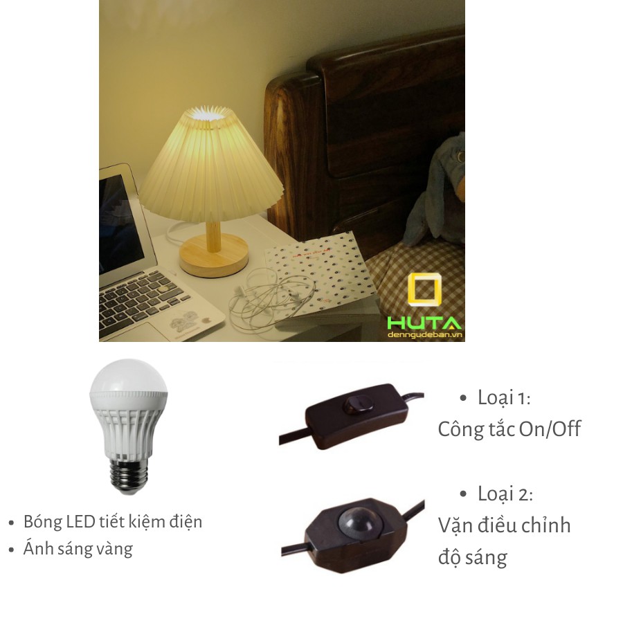 Đèn Ngủ Gỗ Để Bàn Vintage Điều Chỉnh Độ Sáng, Ánh Sáng Led Vàng Ấm, Chao Xếp Ly, Dùng Trang Trí Decor Phòng Ngủ, Mã G5