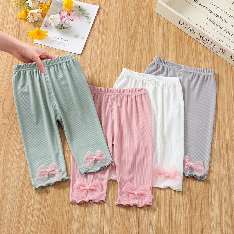 Quần Legging Vải Lụa Lạnh Mỏng Mềm Đính Nơ Thời Trang Mùa Hè Cho Bé Gái 2-6 Tuổi