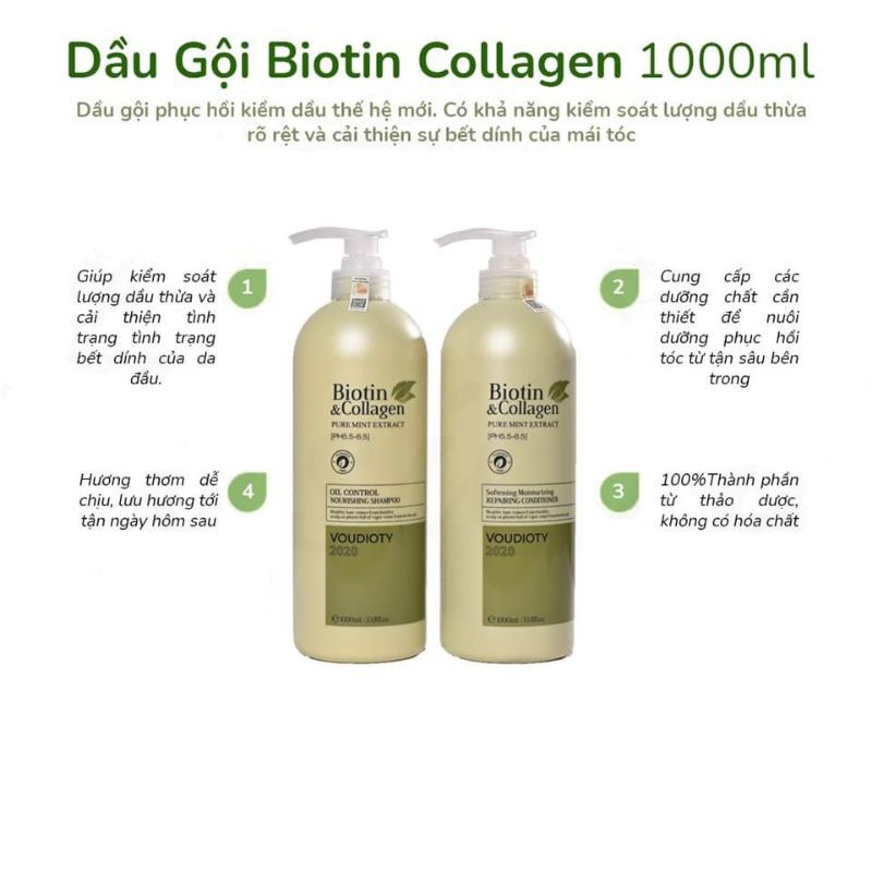 Bộ Dầu Gội Xả Biotin- Collagen Giảm Rụng Tóc Phục Hồi Khô Sơ Hư Tổn 1000ML VOUDIOTY đủ màu