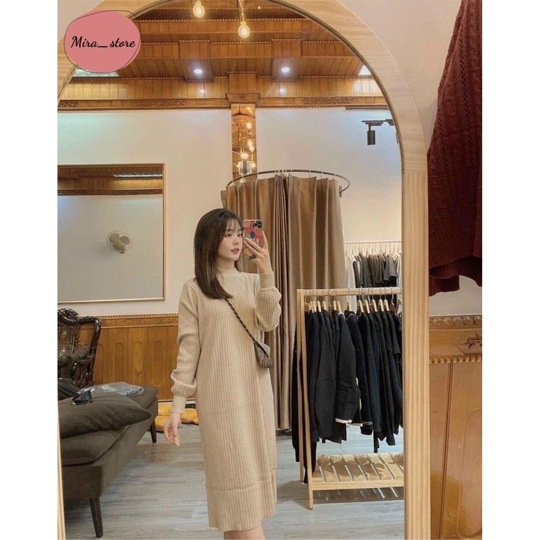 Váy Bầu Len Tăm Trơn [ FREESHIP] Đầm Bầu Dáng Suông Chất Len Tăm Mịn Màng Dày Dặn Có Cổ freesize từ 40-75kg