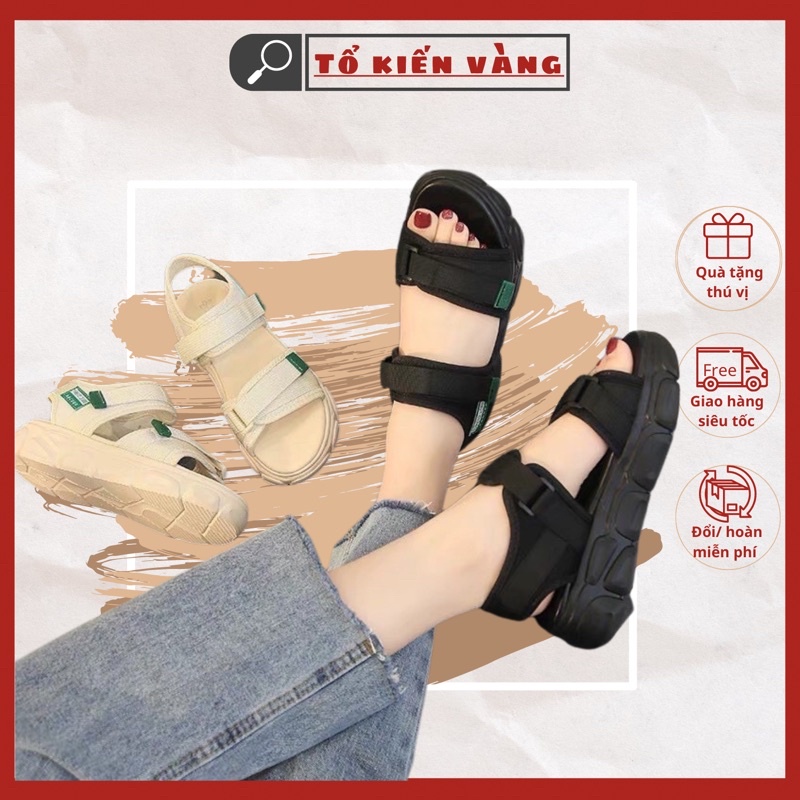 Dép Sandal nữ quai dán viền xanh, dép quai hậu đi học quai dán đế cao 3cm Tổ Kiến Vàng L5110