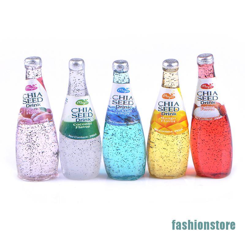 Set 5 mô hình chai nước uống trái cây mini tỉ lệ 1/ 12 trang trí nhà búp bê