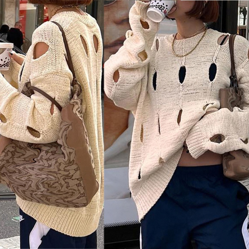 Áo Dệt Kim Tay Dài Y2K Khoét Lỗ Thời Trang Mùa Hè Cho Nữ