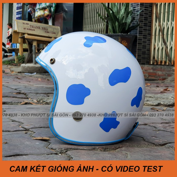 GIỐNG ẢNH - Nón mũ bảo hiểm 3/4 bò sữa trắng lót xanh dương đi chơi cho nữ - Nón 3/4 trắng lót xanh bò sữa đi phượt