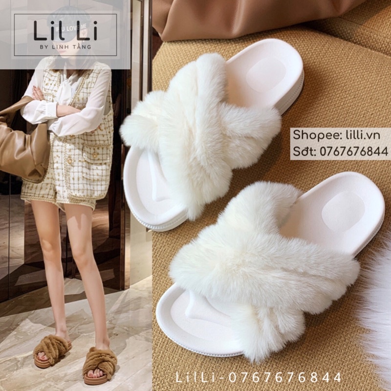 Dép Lông Quai Ngang Quai Chéo Bản To Cao Cấp, Lil Li furry slides