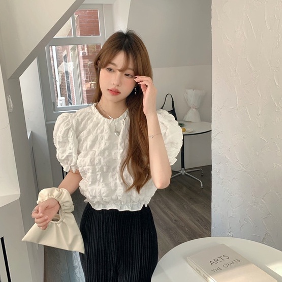 Áo Kiểu Tay Phồng Ngắn Dáng Ôm Thời Trang Pháp Xinh Xắn Cho Nữ