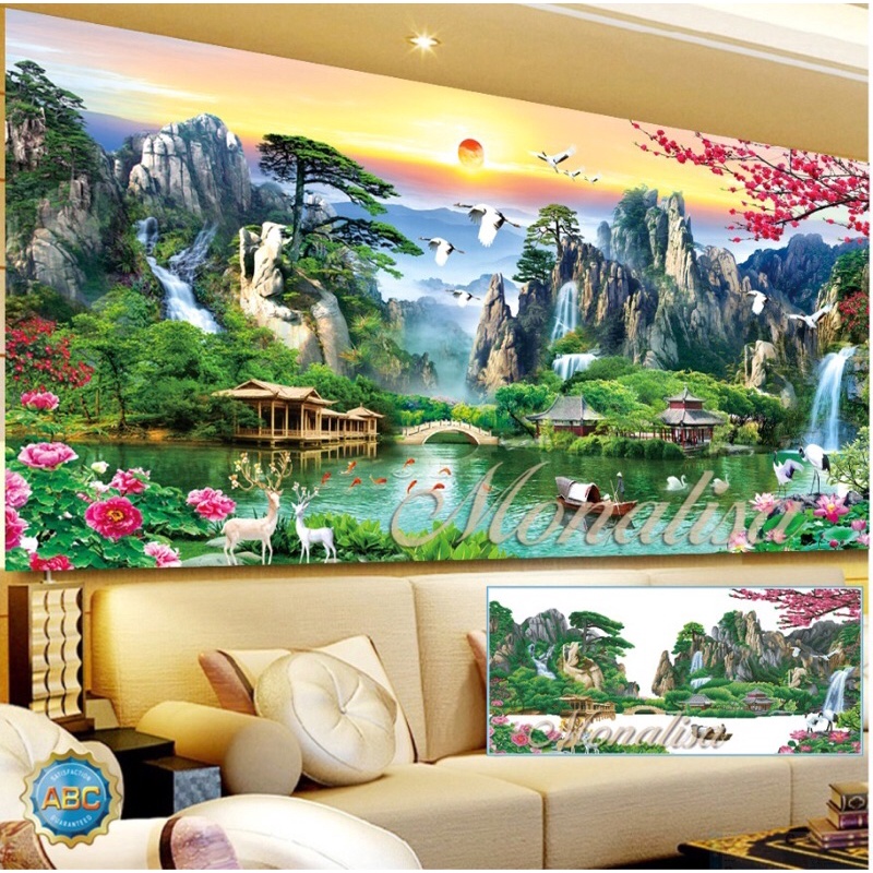 Tranh đính đá phong cảnh Lưu thủy sinh tài 200x90cm, 160x75cm full 30 mẫu Giá Sốc