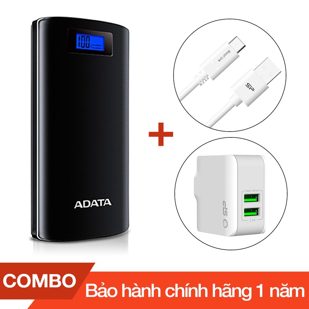 Combo Pin sạc dự phòng 20000mAh P20000D ADATA + Cáp sạc Type-C Silicon dài 1m + Cốc sạc 2 cổng USB 2.4A - Chính hãng