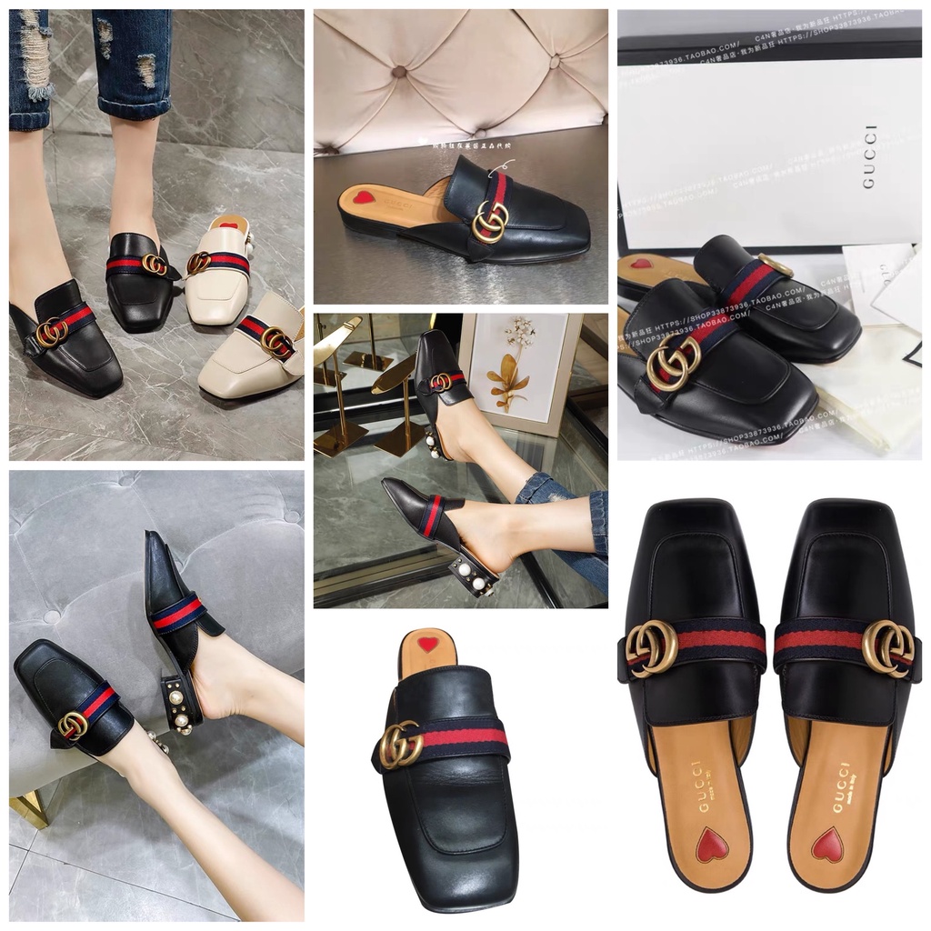 Giày Sục Đế Bệt GUCCI Da Thật Gót Vuông 3P Đính Ngọc Hàng Loại 1 TQXK. Thóc Shoes