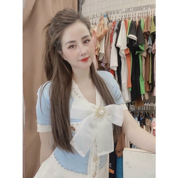 Áo len kèm nơ đính đá quảng châu siêu hót tay cộc | BigBuy360 - bigbuy360.vn