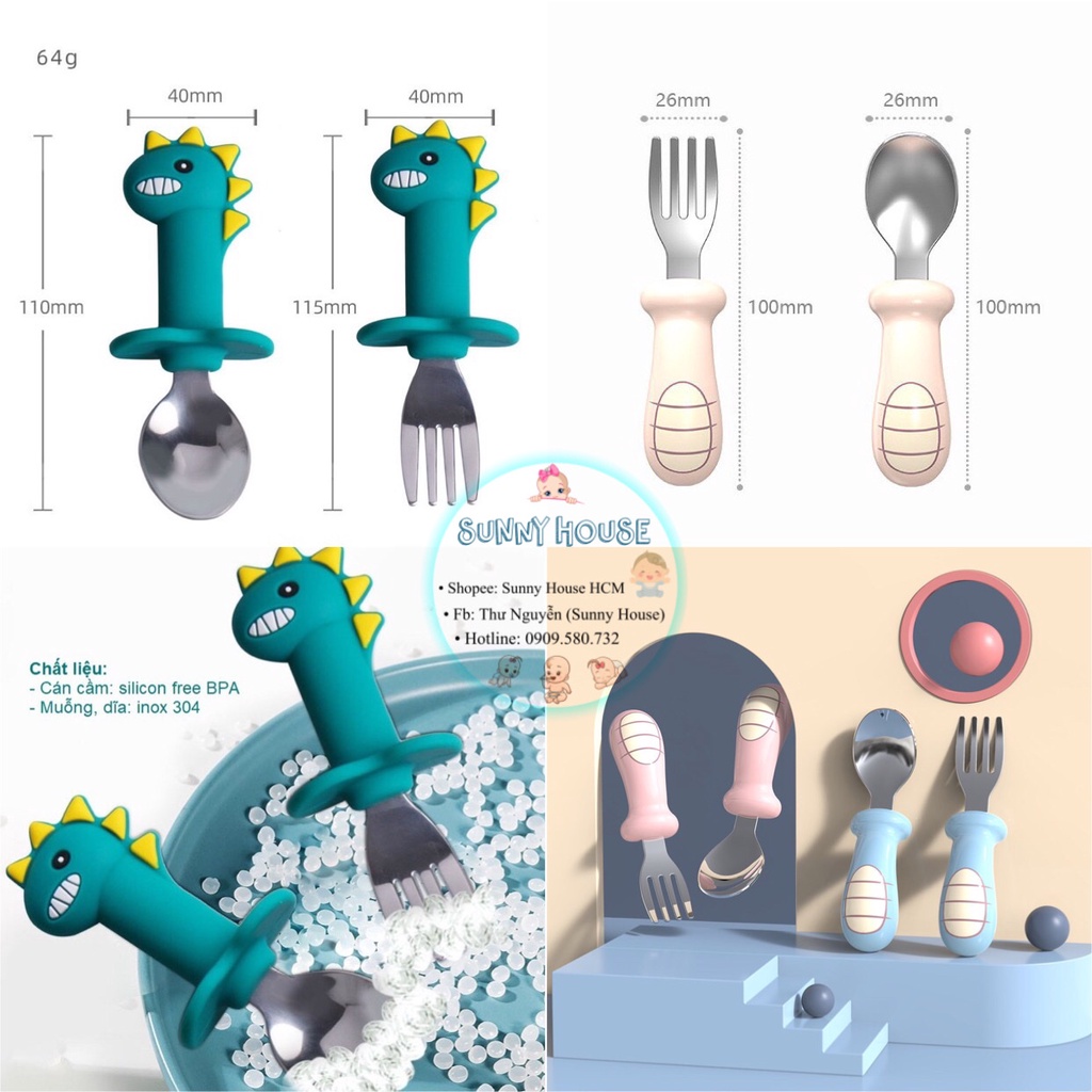 Bộ thìa nĩa cho bé tập xúc đồ ăn chất liệu inox chống gỉ cán silicon hình khủng long