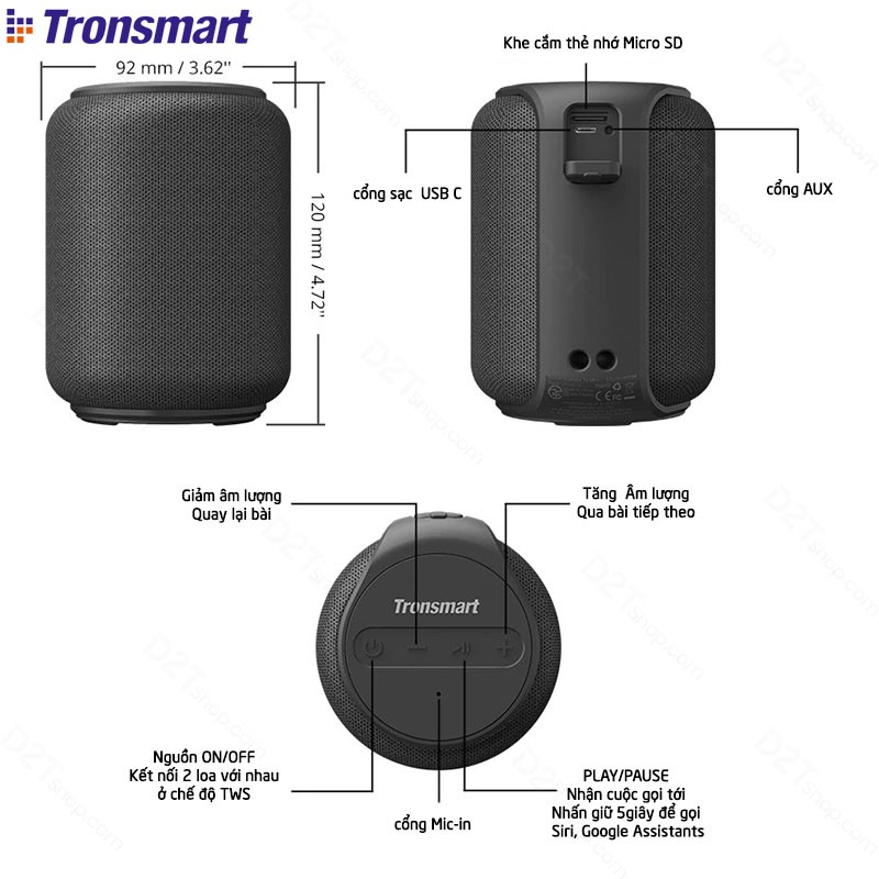 Tronsmart Element T6 Mini  | Loa Bluetooth 5.0 ngoài trời chống thấm nước IPX6 15W chơi nhạc lên tới 24 giờ