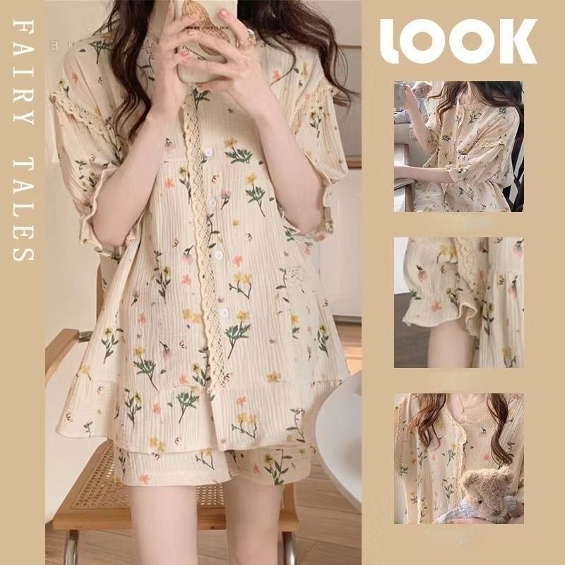 Bộ Đồ Ngủ Phối Ren In Hoa Phong Cách Hàn Quốc Thời Trang Cho Nữ