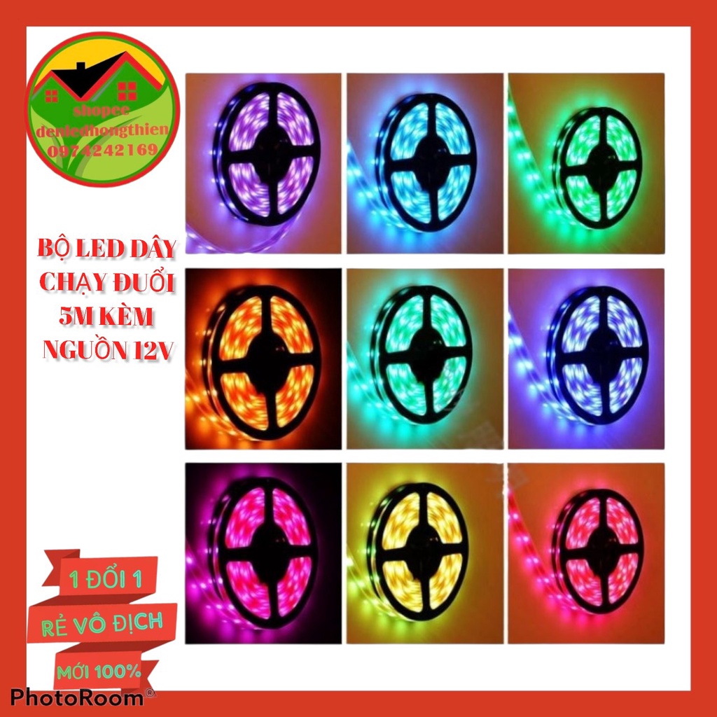 Bộ Đèn Led dán rgb 5m chạy đuổi đủ màu xài trực tiếp nguồn 12v không sử dụng romote (rẻ vô địch)