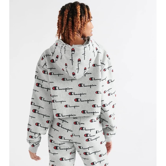 Set nỉ hoodie jogger Champion Allover Script màu xám WL659P  ML777P