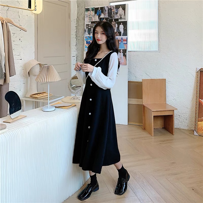 Đầm tay dài phối nút thờI trang Hàn Quốc dành cho nữ