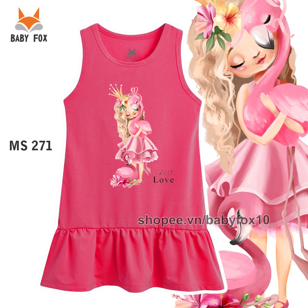 Đầm thun bé gái 100% cotton loại tốt, thương hiệu BABY FOX, in hình công chúa, size nhỏ, trung, đại e