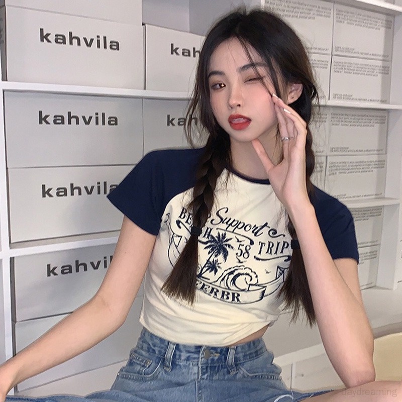 Áo Thun Croptop Tay Ngắn Dáng Ôm In Chữ Phong Cách Hàn Quốc Thời Trang Cho Nữ