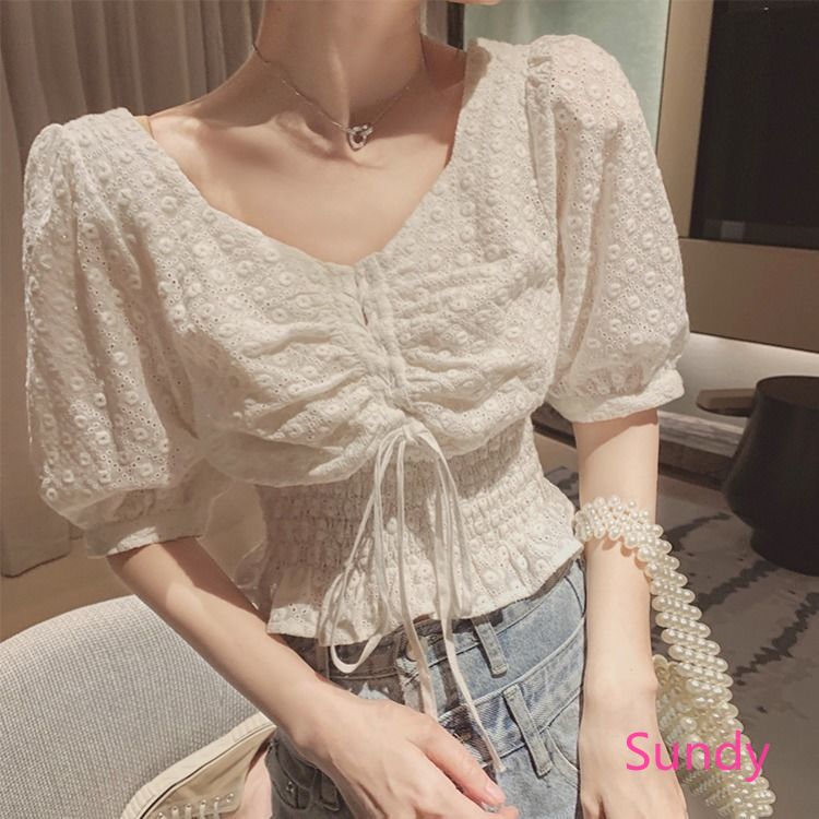 Áo Croptop Tay Phồng Cổ Chữ V Thời Trang Mùa Hè Cho Nữ