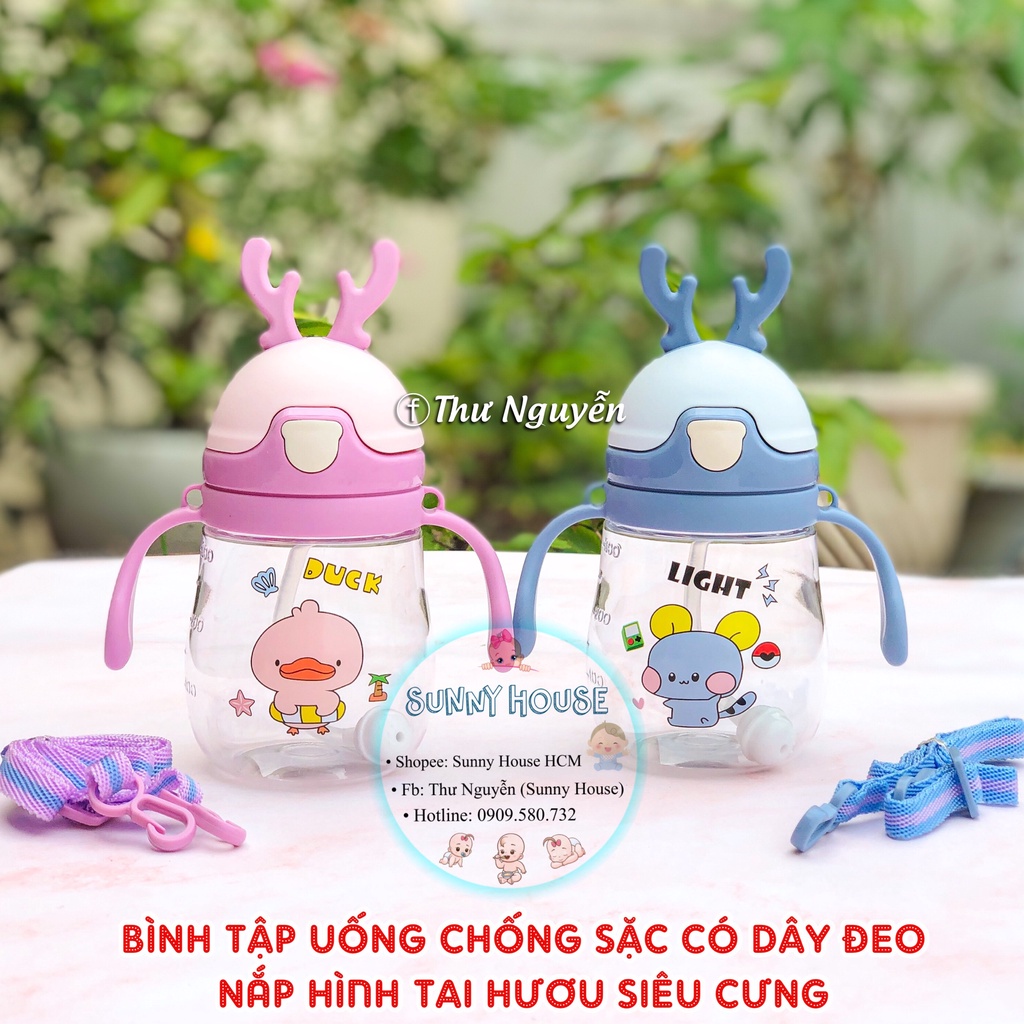 Bình tập uống nước mọi tư thế có van chống sặc cho bé kèm dây đeo