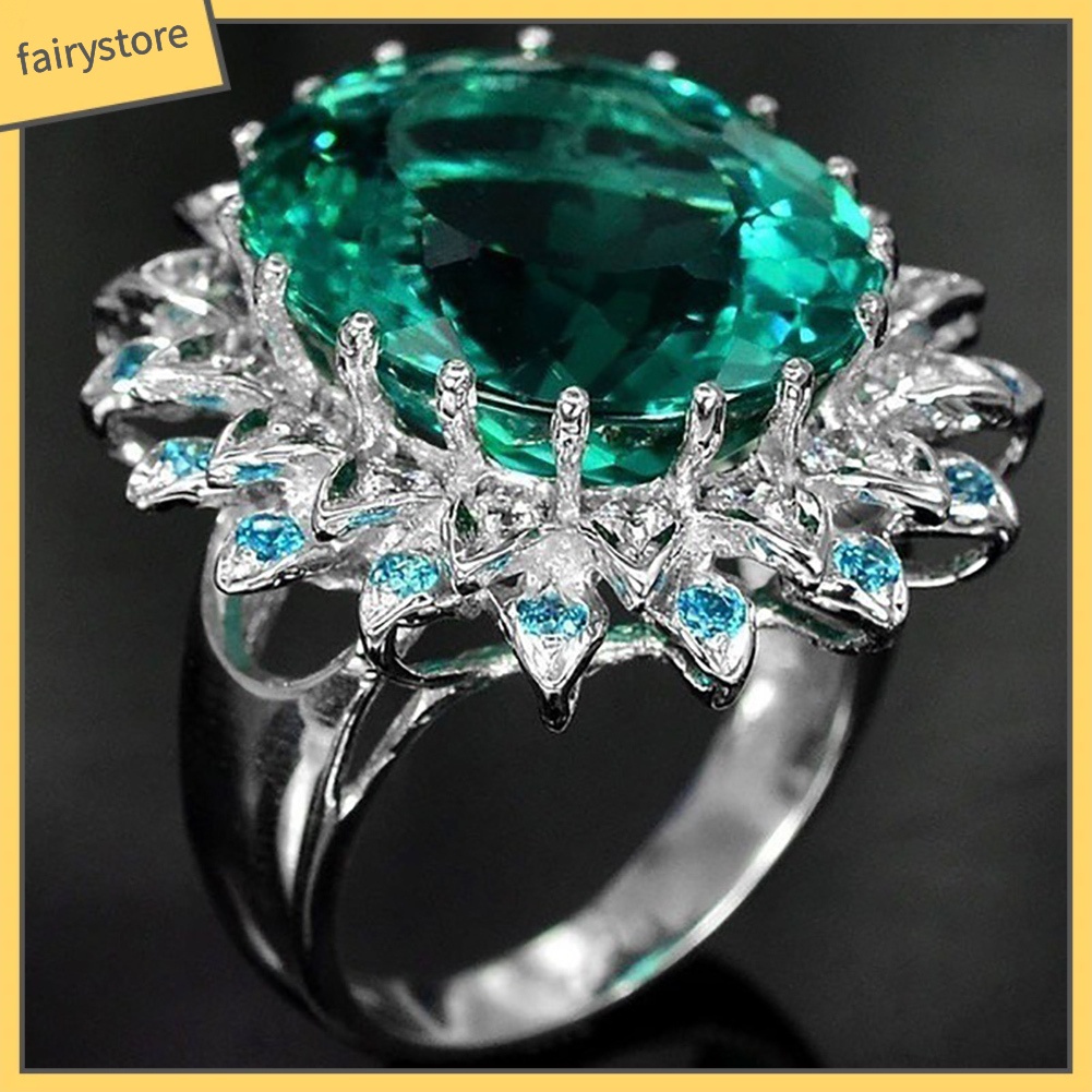 Nhẫn mặt zircon màu xanh lá hình bầu dục thời trang cho nữ