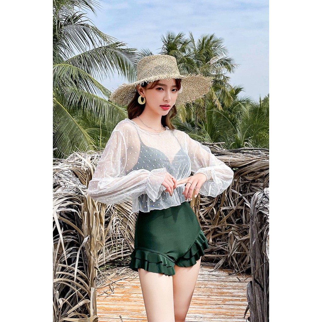 Bộ đồ bơi bikini nữ một mảnh liền thân đi tắm biển kèm áo croptop ren trắng chấm bi tiểu thư hot trend 2021