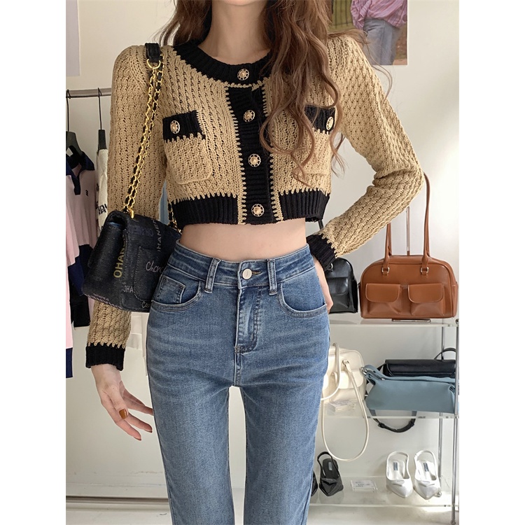 Áo cardigan Ngắn Tay Dài Cổ Tròn Màu Tương Phản Bằng Lụa Lạnh Cho Nữ