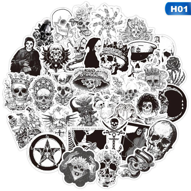 Bộ 50 miếng dán hình đầu lâu trắng đen trang trí ván trượt / sổ tay