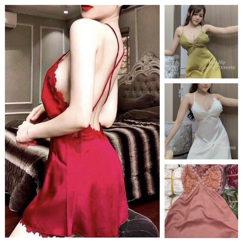 Váy ngủ sexy-Đầm ngủ sexy lụa satin hai dây chéo lưng fom dưới 55 kg siêu hot