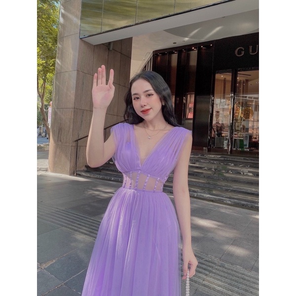 Đầm maxi sát nách lưới phồng dự tiệc / Tím