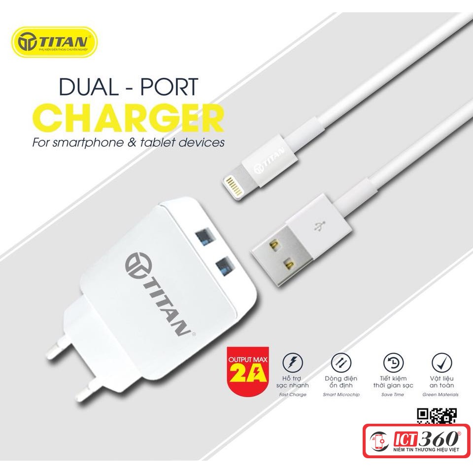 Combo Sạc Nhanh 2 Cổng Cáp IPhone Titan SL11 - Bảo hành 12 tháng