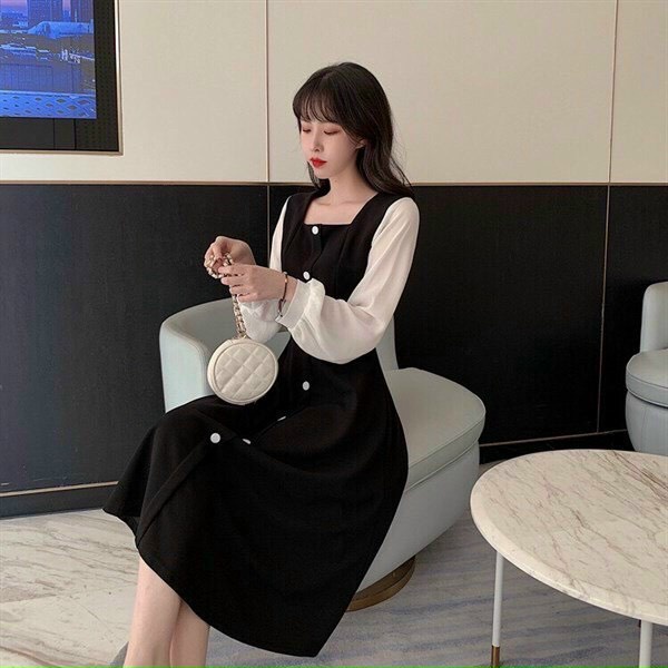 Đầm umi phối lưới cổ vuông, đầm nữ tay lưới phong cách Hàn Quốc