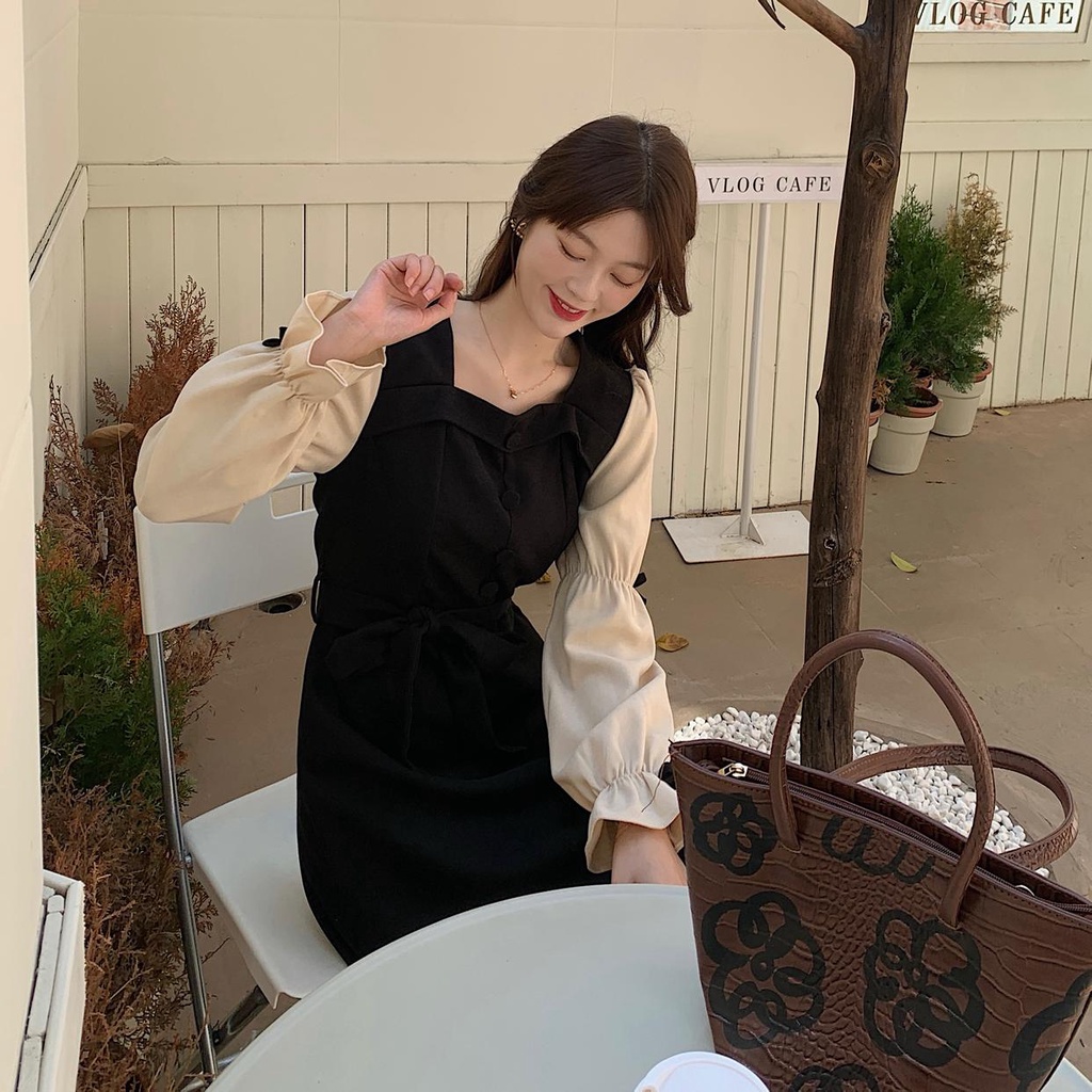 Đầm Tay Phồng Cổ Vuông Thiết Kế Mới Thời Trang Mùa Thu Dành Cho Nữ