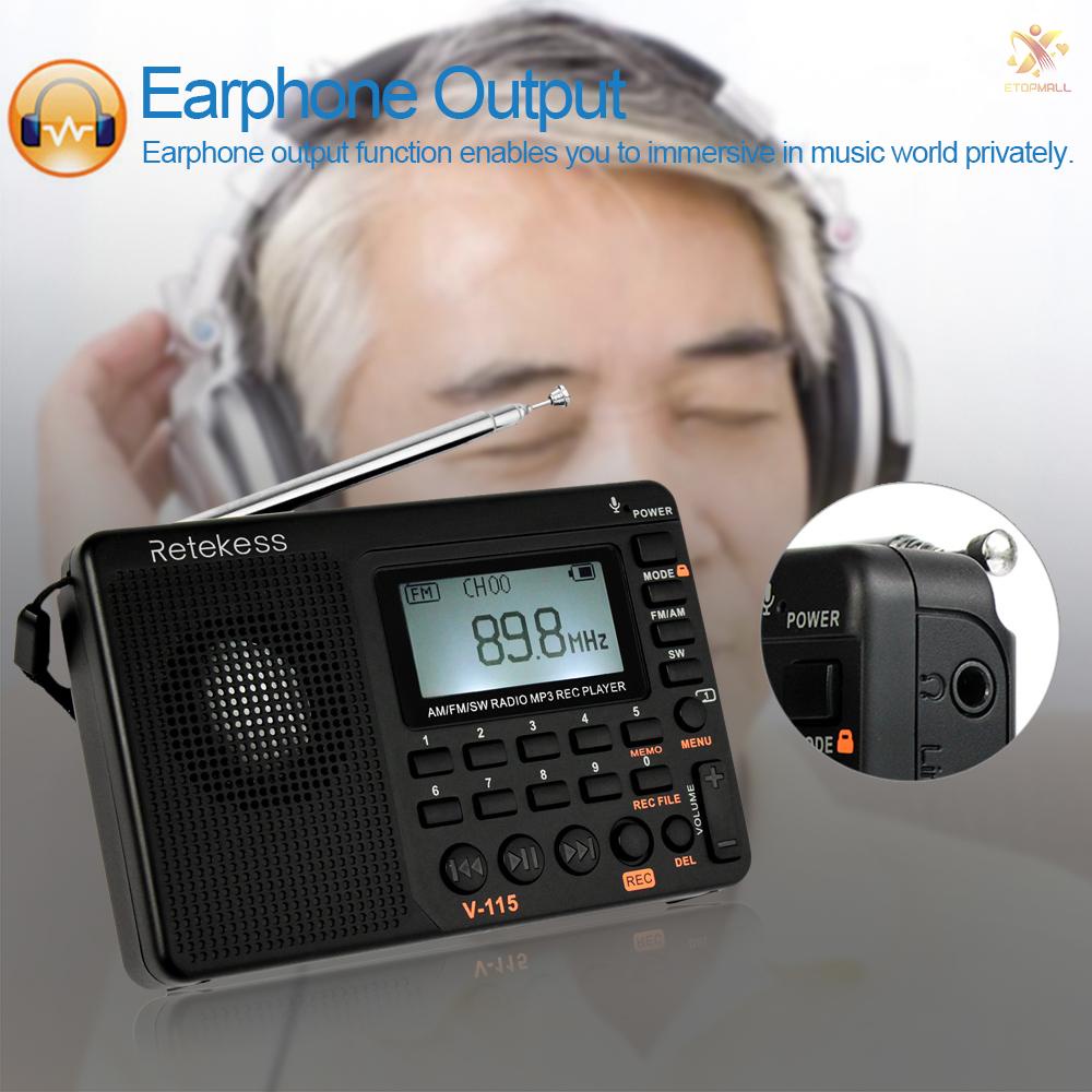 ET Retekess V-115 FM/AM/SW Radio Multiband Radio Receiver REC Recorder Bass Sound MP3 Player Speakers with Sleep Timer Black