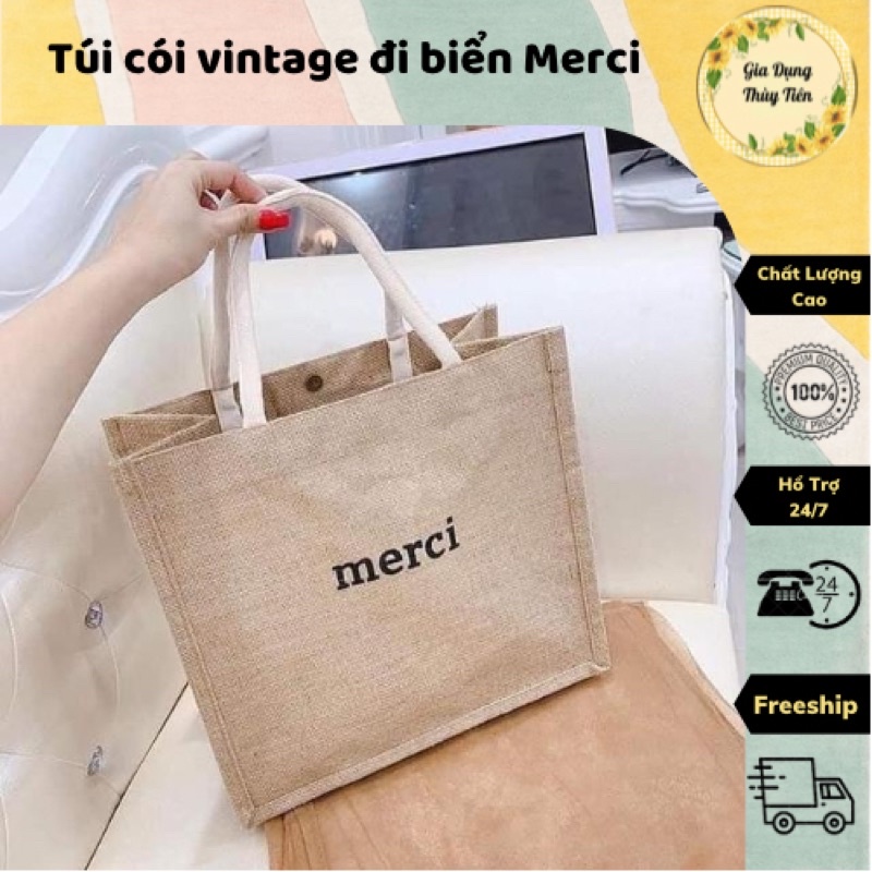 Túi cói vintage đi biển Merci