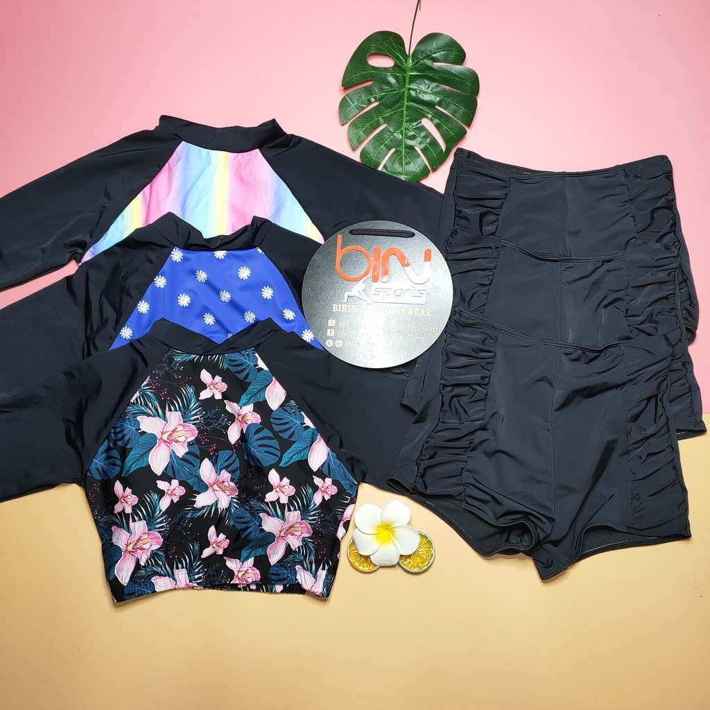 Bộ Đồ Bơi Nữ 2 Mảnh Quần Đùi Cạp Cao Aó Crop Dài Tay Bin Sports BHV093 | BigBuy360 - bigbuy360.vn