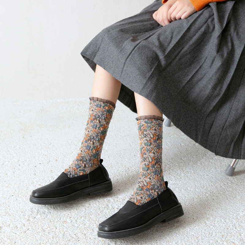 Youyo Vớ Ống Lửng Vừa Họa Tiết Hoa Văn Dân Tộc Nhiều Màu Sắc Phối Bèo Ngọt Ngào Vintage Harajuku Lolita Nhật Bản