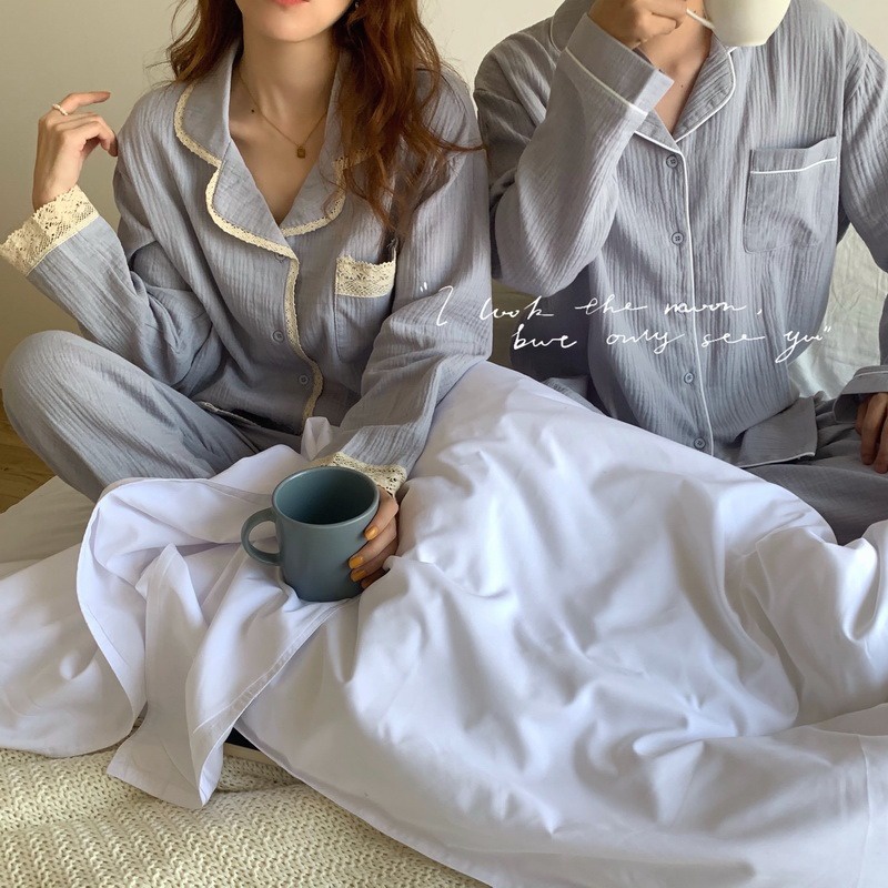 Đồ ngủ đôi nam nữ Ulzzang chất liệu Xô Muslin Hàn Quốc, bộ nữ phối ren