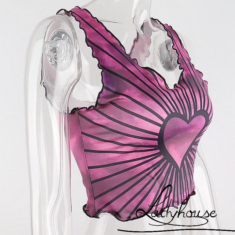 Áo tank top cổ chữ U ôm dáng in họa tiết trái tim gợi cảm cho nữ