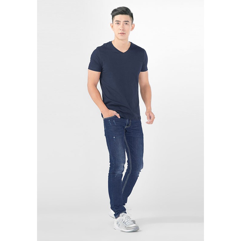 Áo thun trơn nam cổ tim cao cấp 100% cotton màu xanh đen