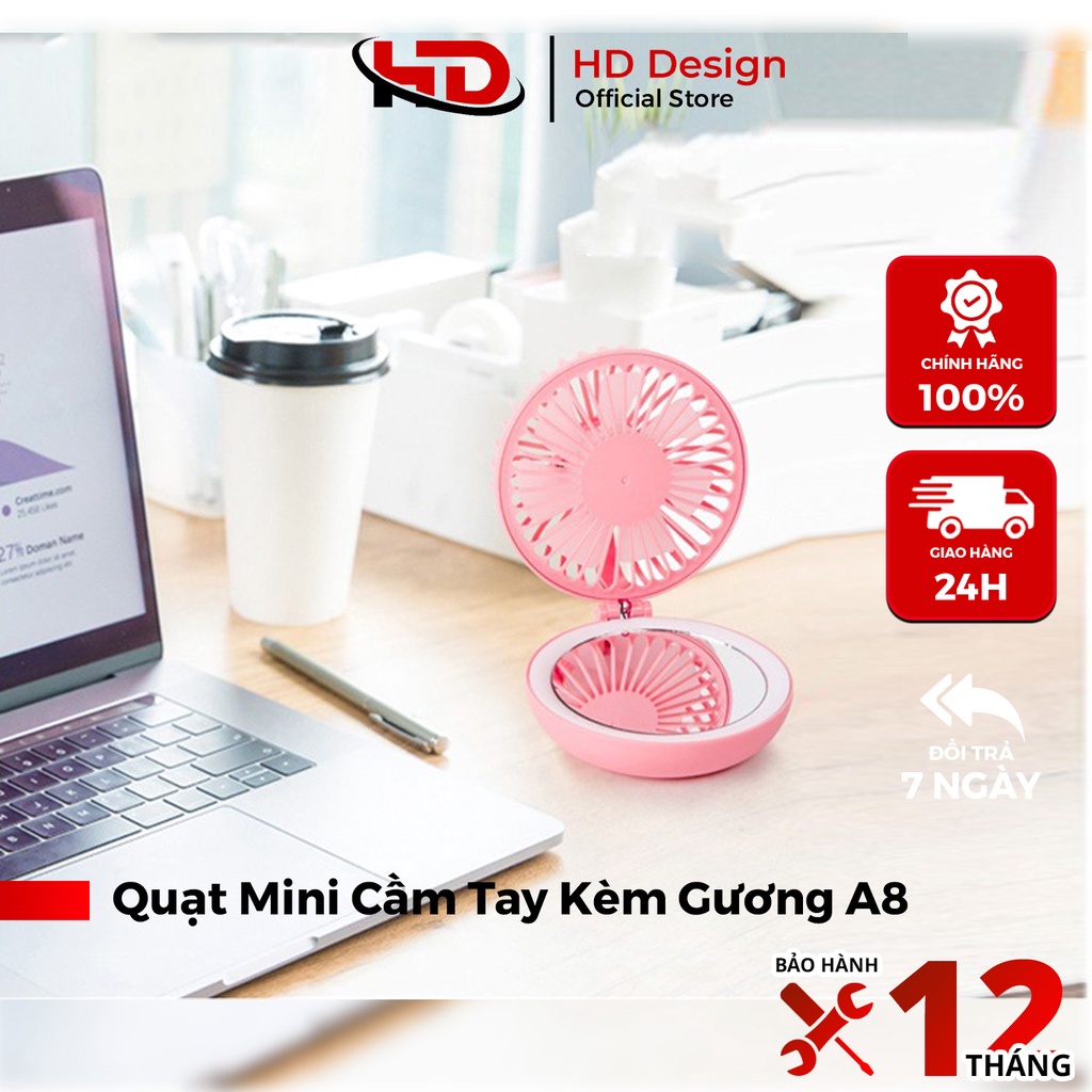 Quạt Mini A8 Có Gương Soi Tiện Lợi Siêu Xinh - Dễ Vệ Sinh - Chính Hãng HD DESIGN