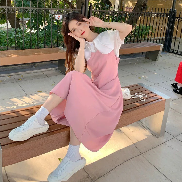 Váy đầm đen hồng cổ trắng xinh tay ngắn dáng dài nhẹ nhàng phong cách Hàn Quốc