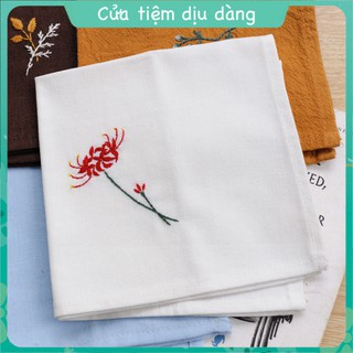 Khăn tay (Khăn mùi xoa) vải linen thêu thủ công - mẫu Hoa Bỉ Ngạn