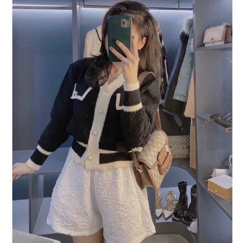 Áo khoác len Cadigan viền trắng,đen khuy ngọc cực sang, len dày thu đông