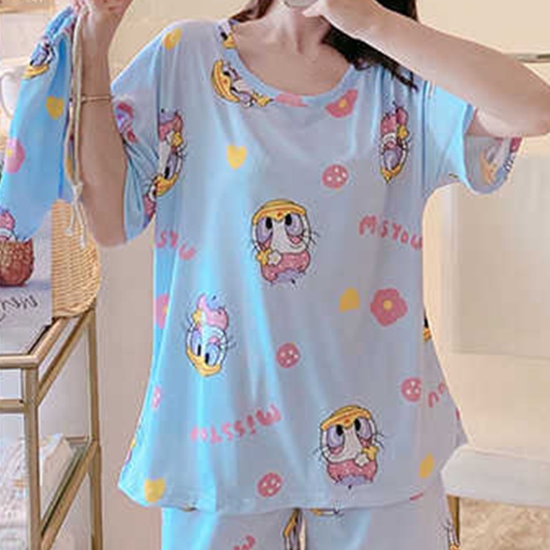 Bộ Đồ Ngủ 2 Món Áo Tay Ngắn Phối Quần Short In Hoa Dễ Thương Thời Trang Mùa Hè Cho Học Sinh